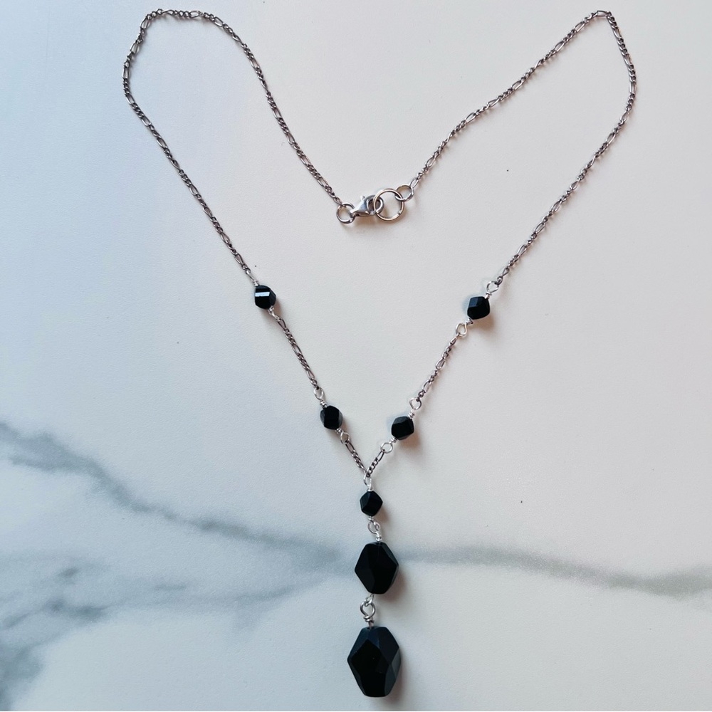 Sleek Black Obsidian Sterling Silver Lariat Necklace